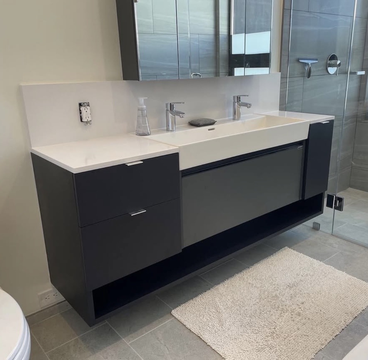 Custom floating black bathroom vanity